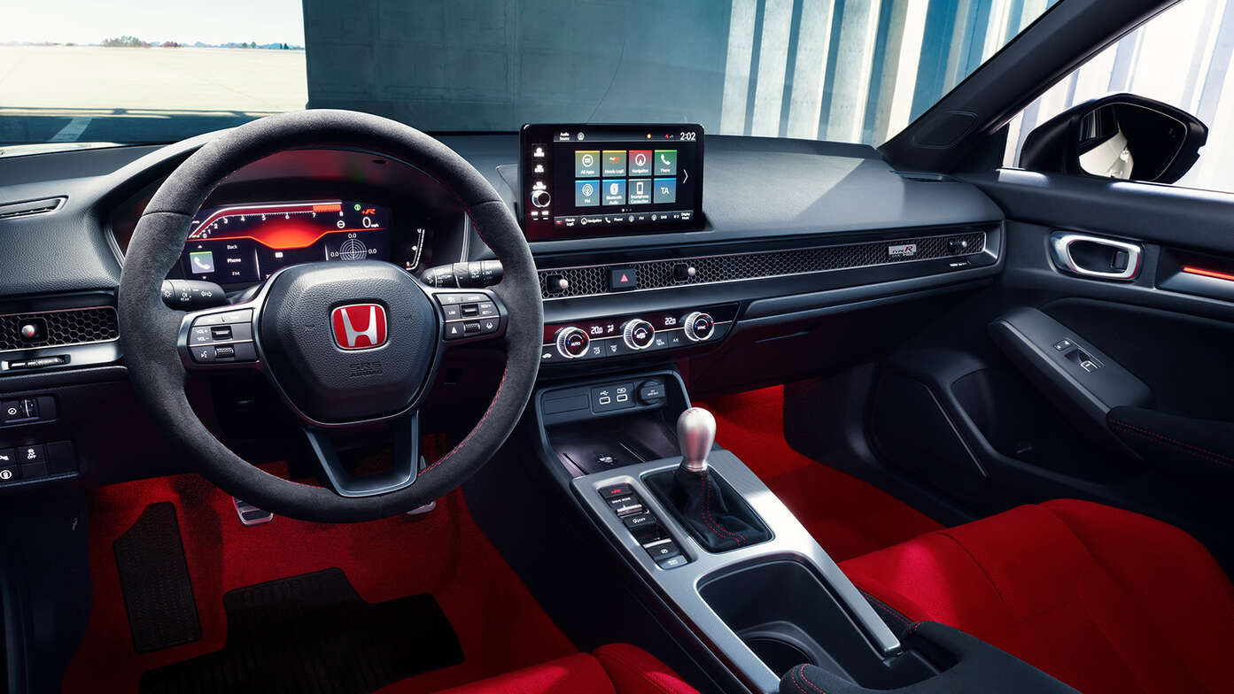 Detailný pohľad na interiér kabíny modelu Honda Civic Type R.