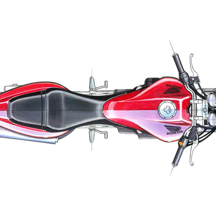 Pohľad zhora na dizajnové náčrty modelu Honda Hornet.